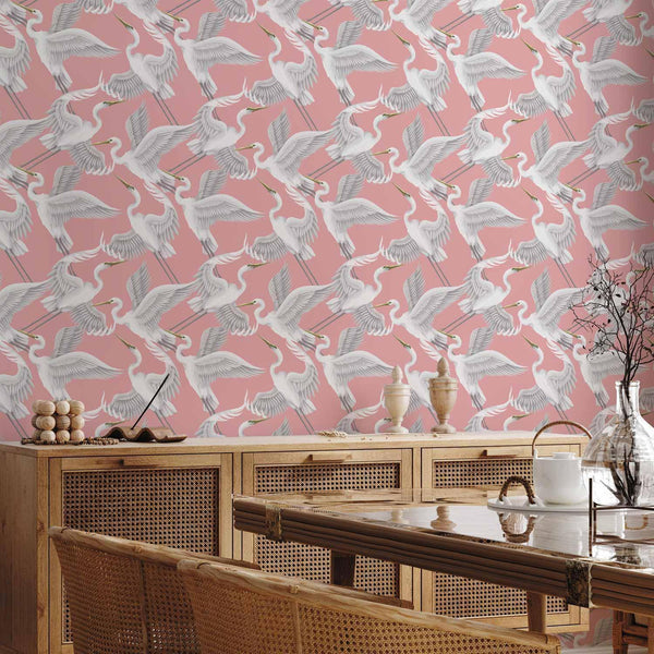 Tappezzeria murale - Pastel birds – a delicate pattern of white and grey herons on a light pink background