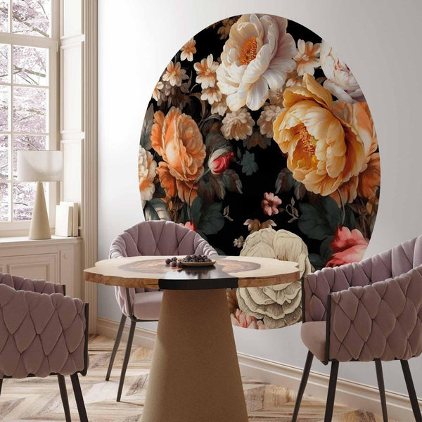 Carta da parati rotonda - Colourful flowers on a black background