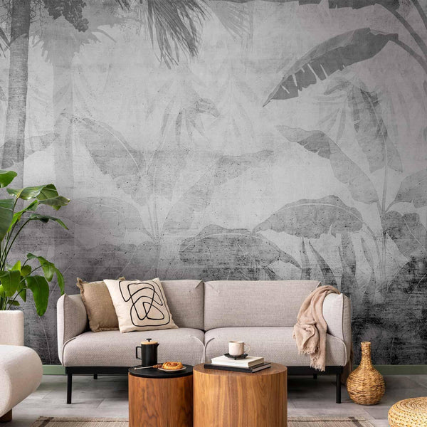 Carta da parati - Vanishing jungle - landscape of exotic trees and leaves in grey tones