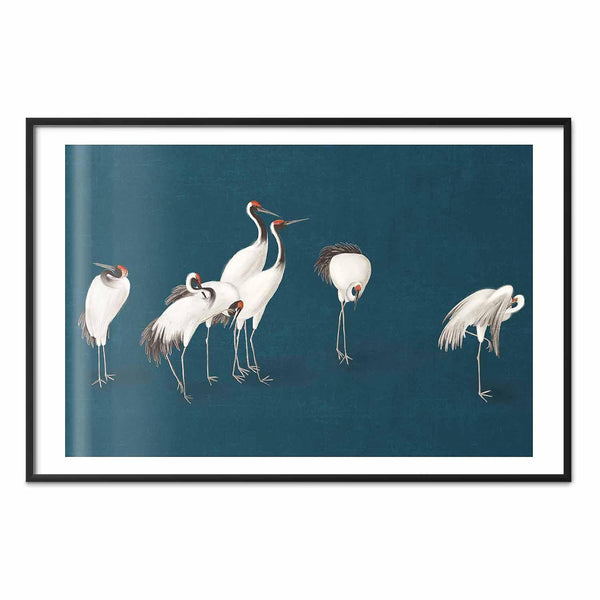 Poster - Evening at the Pond - group of cranes drawn in dry pastel on a dark turquoise background
