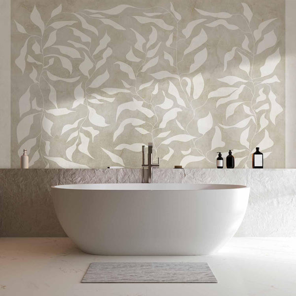 Carta da parati - White leaves - abstract plant motif on beige background with frame