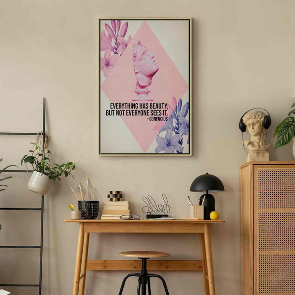Quadro - Beauty in the Eyes - Inspirational Quote with Pink Bust and Flowers