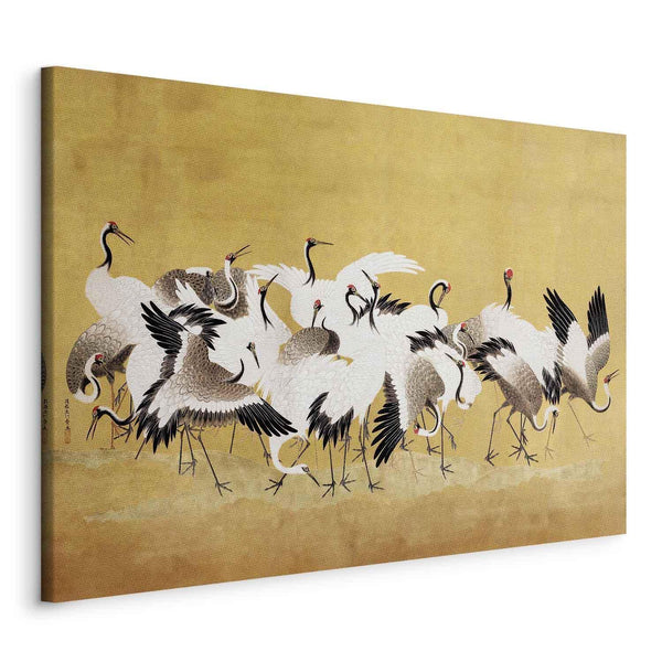 Quadro - Japanese cranes - a flock of birds against a golden background based on a painting by Ishida Yūtei