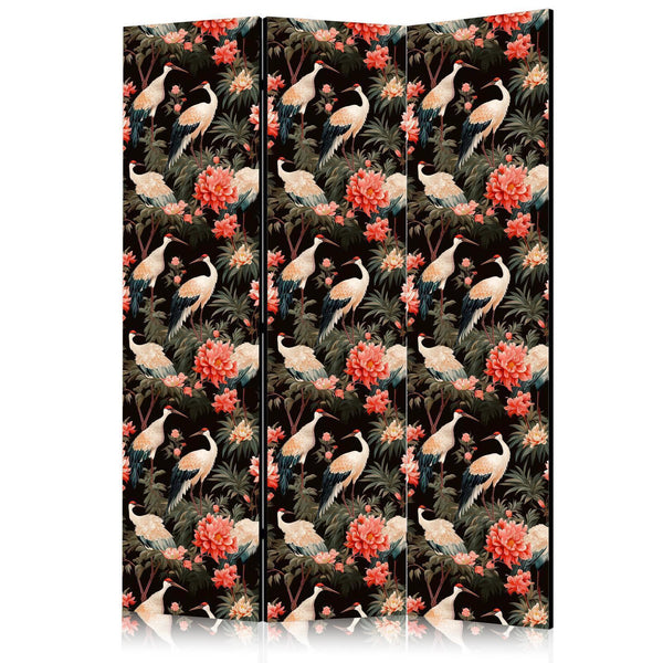 Paravento - Ornament with birds - silhouettes of cranes and peony flowers on a dark background