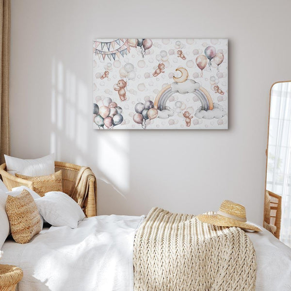 Quadro - Toy Bears with Balloons - Flying Plush Bears Among Balloons Clouds and Rainbows in Subtle Pastel Hues