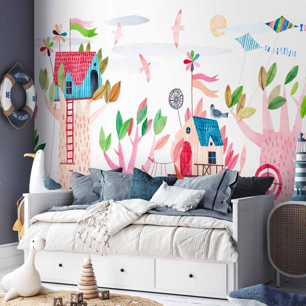 Carta da parati - Painted tree houses - a colourful fantasy with kites for children