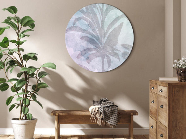 Quadro rotondo - Palm trees in the fog - Palm trees among pastel clouds in purple and celadon tones