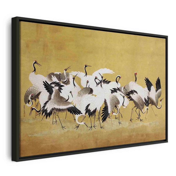 Quadro - Japanese cranes - a flock of birds against a golden background based on a painting by Ishida Yūtei