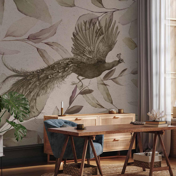 Carta da parati - Bird among the leaves - floral motif with a flying peacock in cool tones