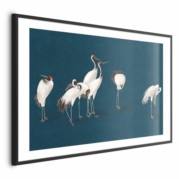 Poster - Evening at the Pond - group of cranes drawn in dry pastel on a dark turquoise background