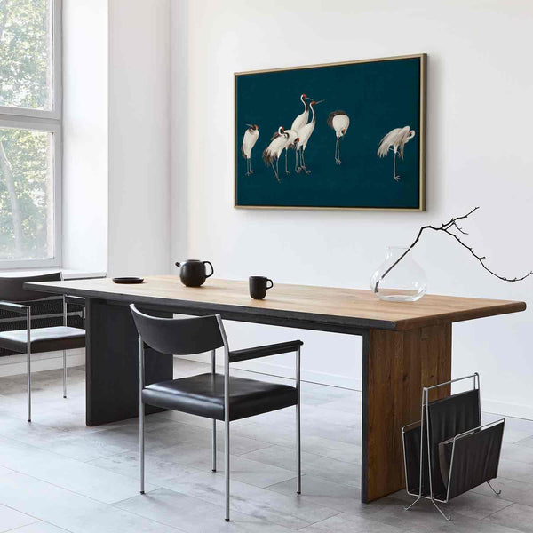 Quadro - Evening by the pond - a group of cranes drawn in dry pastel on a dark turquoise background