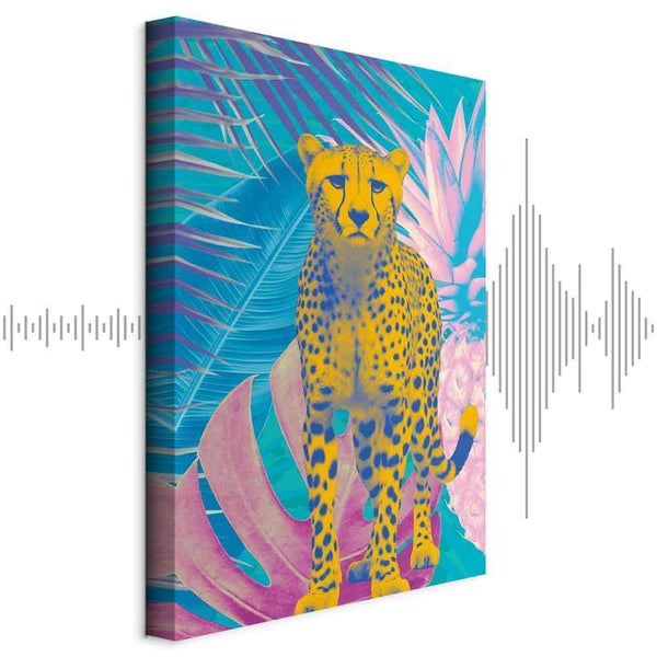 Quadro - Exotic Leopard - Colorful Portrait of a Cheetah Against Tropical Leaves