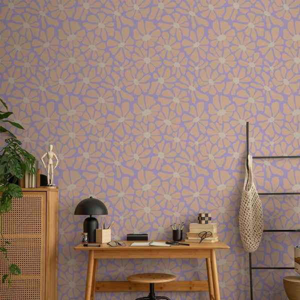 Tappezzeria murale - Cute Light-Beige Little Flowers - Small flowers with beige - undulating petals on a blue background