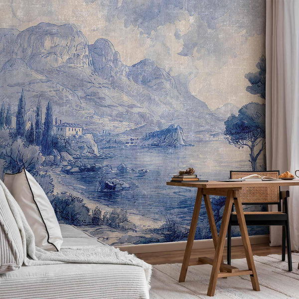 Carta da parati - Blue Bay - Italian landscape of Lake Como painted with blue ink
