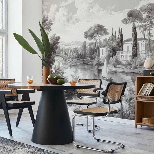 Carta da parati - Black and White Vintage Landscape Retro View of a Pond with a Boat