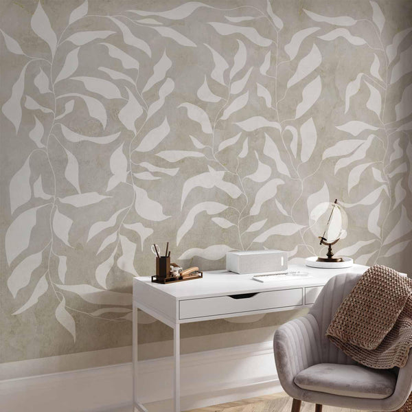 Carta da parati - White leaves - abstract plant motif on beige background with frame