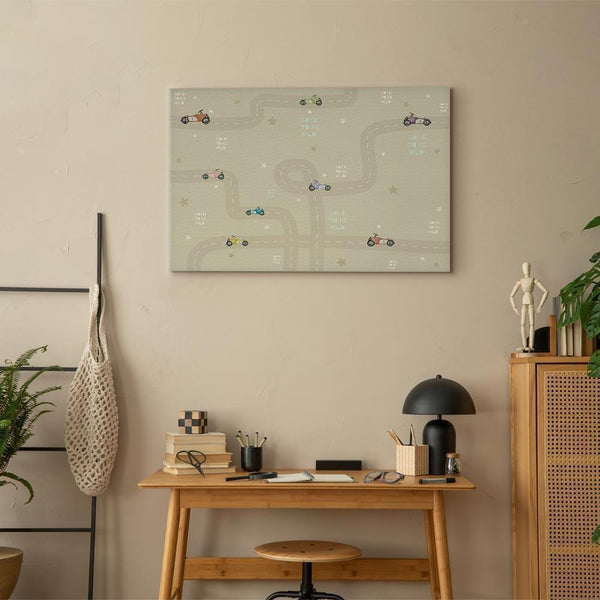 Quadro - Race - Colorful Cars on a Road on a Beige Background with Inscriptions