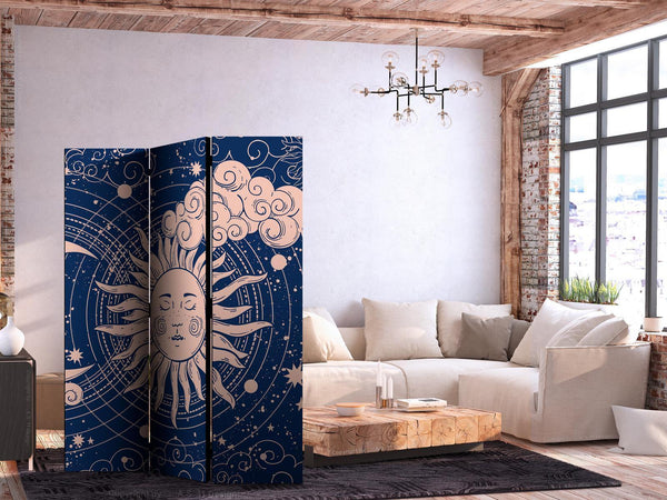 Paravento - Cosmic Harmony - Illustration of the Sun and Moon on a Navy Background