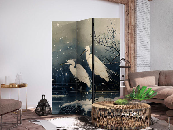 Paravento - Herons over a winter pond - Japanese-style illustration in dark colours