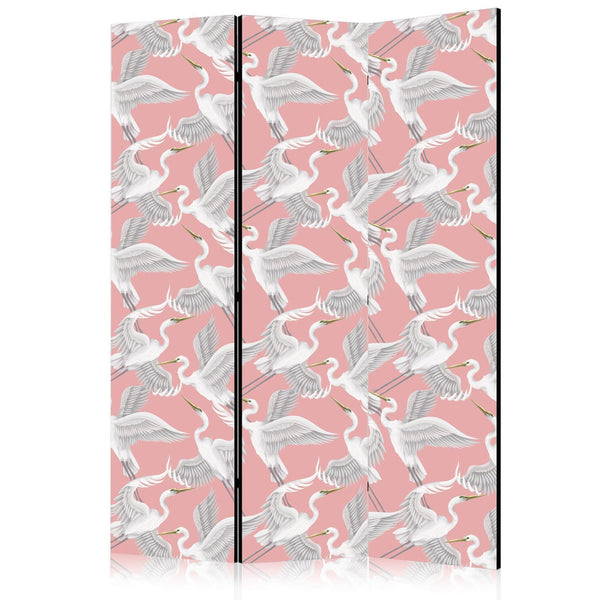 Paravento - Pastel birds - a delicate pattern of white and grey herons on a light pink background