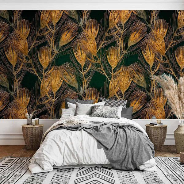 Carta da parati - Golden peacock feathers - solid background with bird pattern on green background