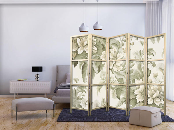 Paravento giapponese - Retro Vintage Flowers in Delicate Cream and Green Colors