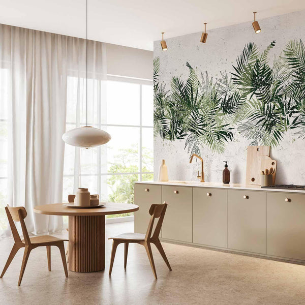 Carta da parati - Jungle and green plume - large tropical leaves on a white background