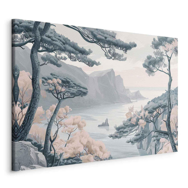 Quadro - Mountainous Coast with Trees and Rocks in Light Pastel Blues