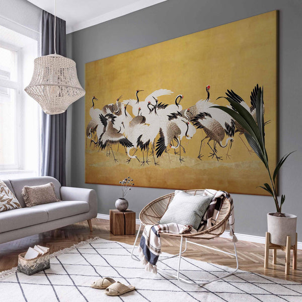 Quadro XXL - Japanese cranes - a flock of birds against a golden background based on a painting by Ishida Yūtei