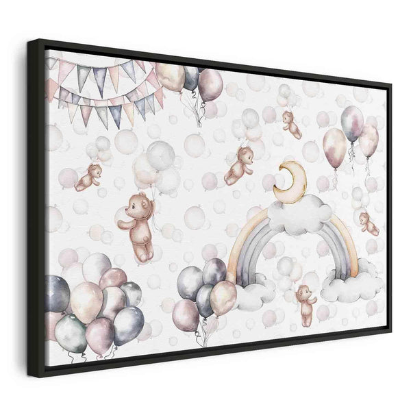 Quadro - Toy Bears with Balloons - Flying Plush Bears Among Balloons Clouds and Rainbows in Subtle Pastel Hues