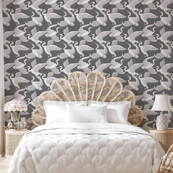 Tappezzeria murale - Flying birds – a delicate pattern of white and grey herons on a grey background