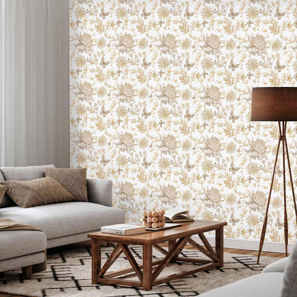 Tappezzeria murale - Beige flowers and butterflies on white background