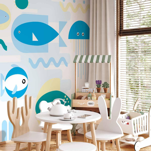 Carta da parati - Animals in the sea - geometric blue fish in water for kids