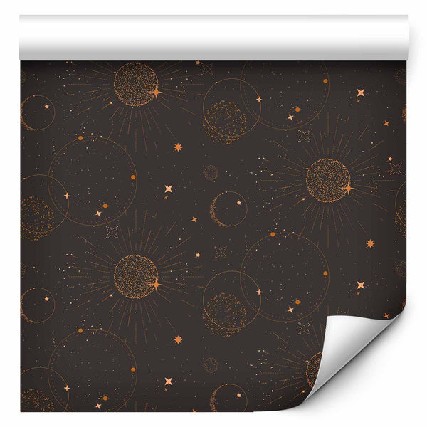 Tappezzeria murale - Night Sky - Artistic Composition of Suns and Planets on a Black Background