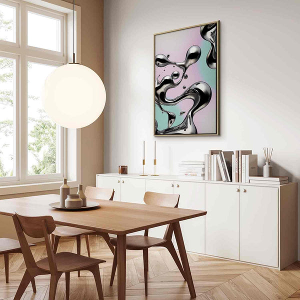 Quadro - Metallic Fluidity - Abstract Silver Forms on a Mint-Purple Background