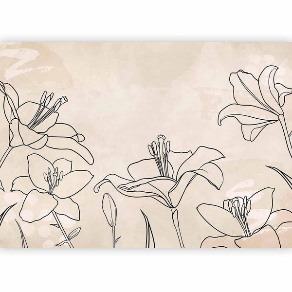 Carta da parati - Sketch of nature - minimalist lineart with lily flowers on a beige background
