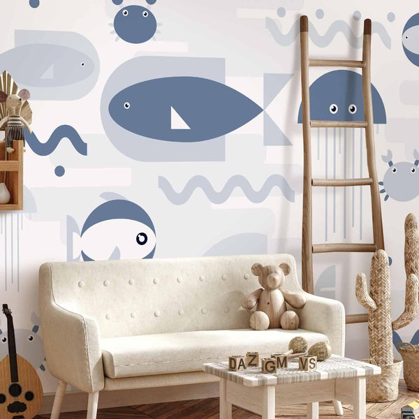 Carta da parati - Minimalist ocean - geometric fish and crabs in water for kids