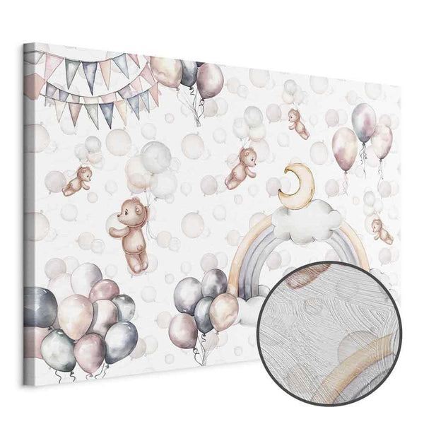 Quadro - Toy Bears with Balloons - Flying Plush Bears Among Balloons Clouds and Rainbows in Subtle Pastel Hues