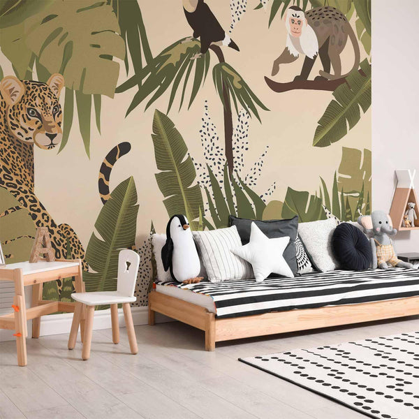 Carta da parati - Leaves and Shapes - Jungle in Faded Colours With Animals