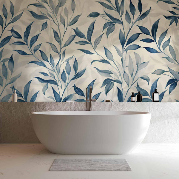Carta da parati - Leaves in Blue Colors Delicate Botanical Motif