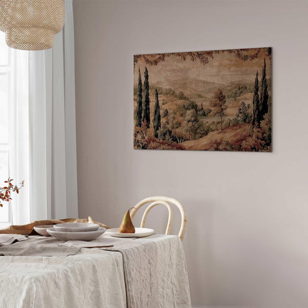 Quadro - Mediterranean landscape - old tapestry with a hill and a lake