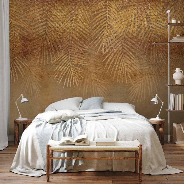 Carta da parati - Abstract nature in beige - composition with golden exotic leaves