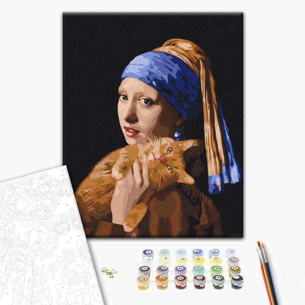 Quadro fai da te - Girl with a pearl and a ginger cat