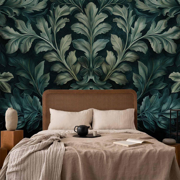Carta da parati - Dark Green Victorian Leaves: Botanical Carved Composition