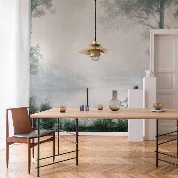 Carta da parati - Retro Landscape - Grove Trees and Pond in Patinated Shades of Green