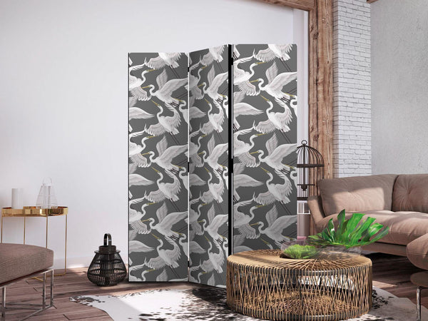 Paravento - Pastel birds - a delicate pattern of white and grey herons on a light pink background