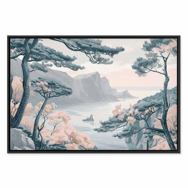 Quadro - Mountainous Coast with Trees and Rocks in Light Pastel Blues