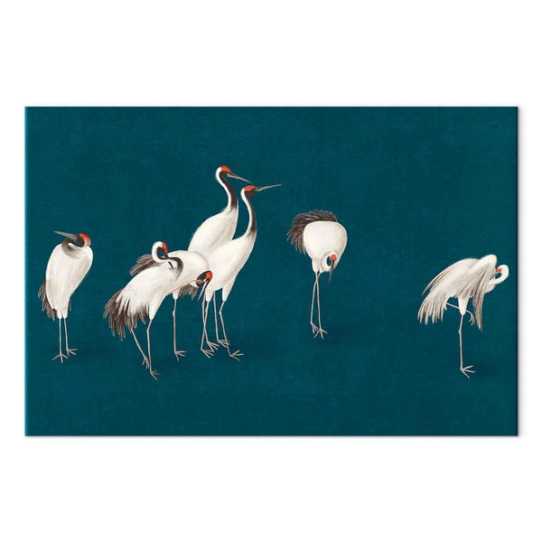 Quadro - Evening by the pond - a group of cranes drawn in dry pastel on a dark turquoise background