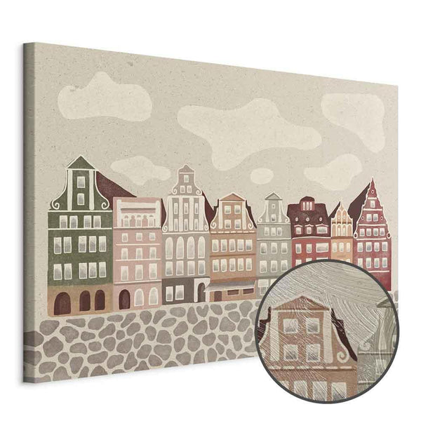 Quadro - Salt Square - Colorful Illustrated Townhouses Against a Cloudy Sky Background