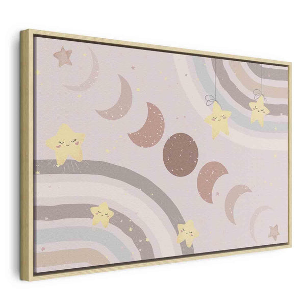 Quadro - Joyful Sky - Yellow Cheerful Stars with a Rainbow Against the Phases of the Moon in a Light Beige Sky Hue
